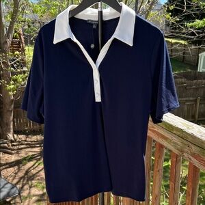 Adrianna Papell Navy Polo style Blouse with Off-white Contrast Collar
